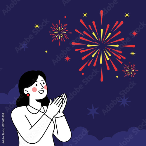 Joyful Person Watching Vibrant Fireworks Display Under Starry Night Sky