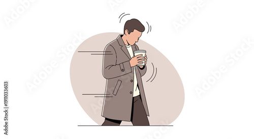 Man Holding Coffee Cup While Walking Indoors With Subtle Movement Lines