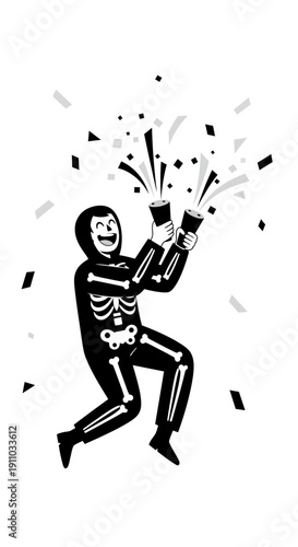 Joyful Skeleton Character Celebrating With Confetti Poppers