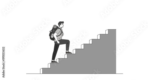 Man Climbing Stairs With Backpack Ascending Steps Journey Progress