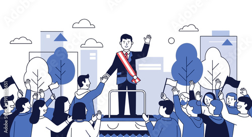 Leader Addresses Enthusiastic Crowd Waving Flags In A Modern City Scene