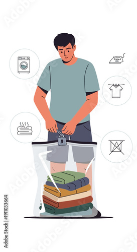 Man Compressing Clothes Using Vacuum Seal Bag For Storage
