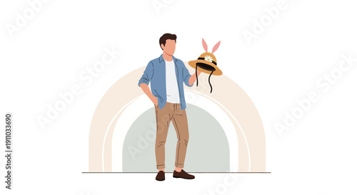 Man Holding Festive Hat with Bunny Ears and Flower Accents