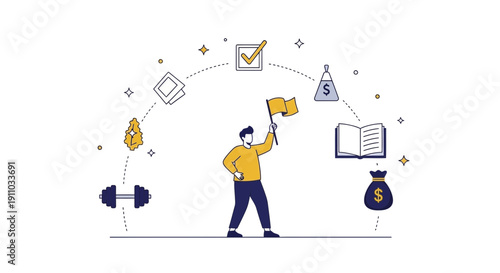 Man Holding Flag With Icons Representing Goals And Achievements In Life