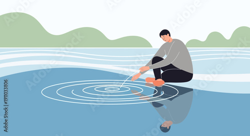 Man Creates Ripples On Calm Water Surface With Reflecting Landscape