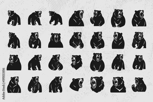 Set of aggressive bear silhouettes in various poses and expressions