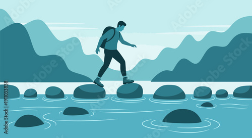 Man Crossing River On Stepping Stones Minimalist Adventure Scenic