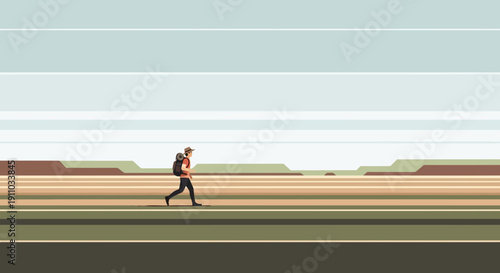 Lone Hiker Striding Through a Stylized Desert Landscape