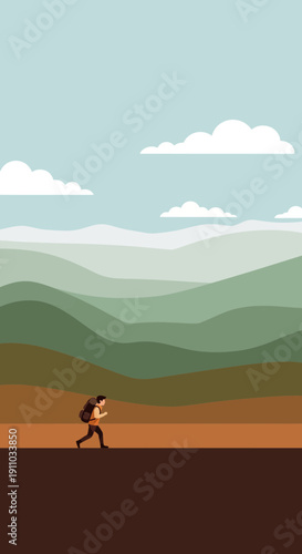Lone Hiker Ascends Distant Mountain Peaks Against Serene Horizon