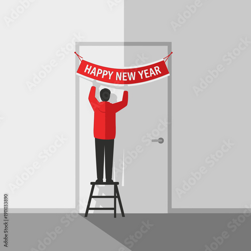 Man Decorates Door With Happy New Year Banner Preparation For Celebration