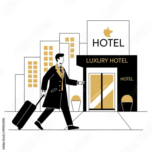 Luxury Hotel Arrival With Business Traveler And City Buildings In The Background
