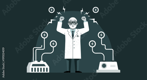 Mad Scientist In Lab Coat With Electrical Equipment And Lightning Bolts