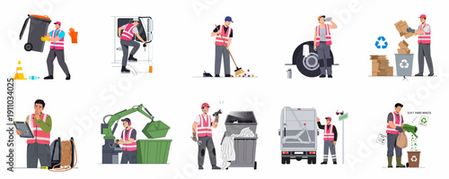 Comprehensive vector set showing garbage men and sanitation workers involved in waste collection, recycling, street sweeping, and machinery operation.