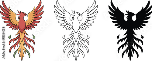Phoenix bird silhouette & Outline and illustration set isolated on transparent background
