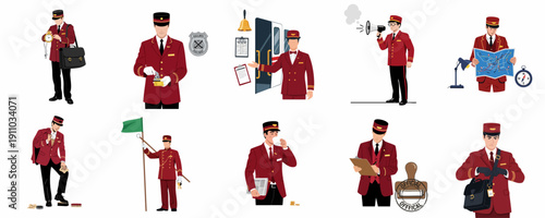 Vector illustrations set depicting a railway conductor or train attendant performing various professional duties like timekeeping, ticket punching, signaling, and making announcements.