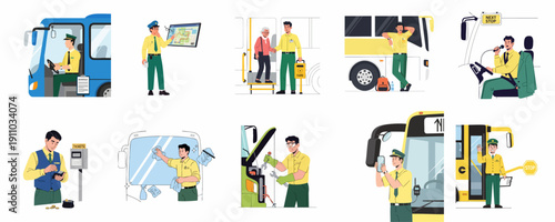Bus Driver and Public Transportation Staff Activities Set: Driving, Maintenance, Fare Collection, and Passenger Service Illustrations.