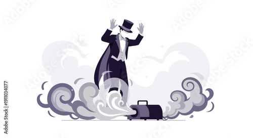 Magician Emerging From Smoke With Top Hat And Tails