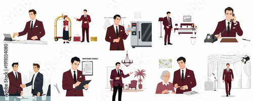 Professional Hotel Management and Concierge Services Illustration Set: Duties including check-in, room service, maintenance, and guest relations.