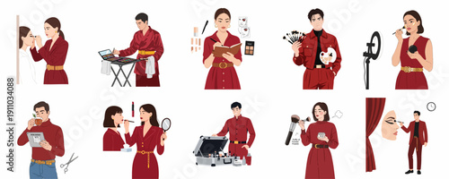 Set of vector illustrations depicting professional male and female makeup artists applying cosmetics, using brushes, and managing their beauty careers.
