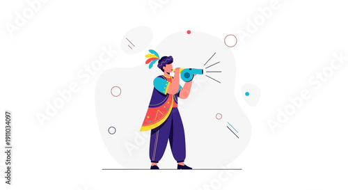 Man In Festive Attire Blows Party Horn Excitingly Celebrating