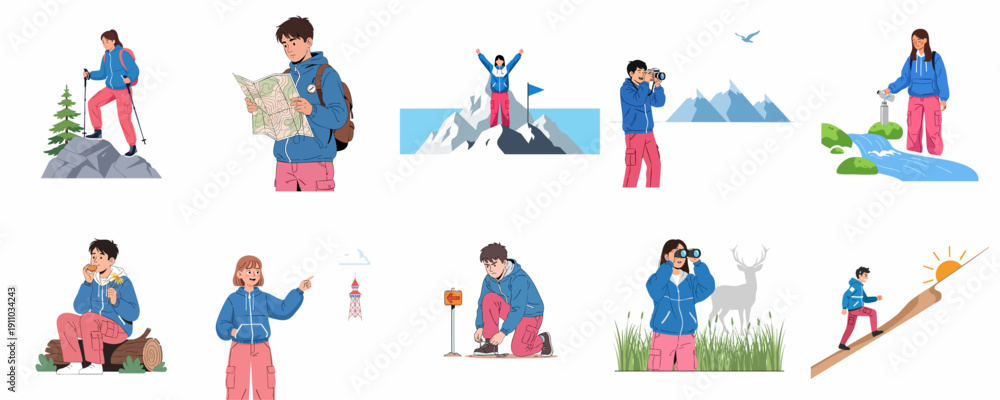 Fototapeta premium Collection of illustrations depicting young adventurers hiking, exploring nature, climbing mountains, and engaging in various outdoor activities like map reading and photography.