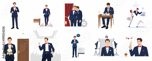 Vector set illustrating the groom's wedding day journey: preparation, marriage ceremony, signing, reception dance, and joyful celebration.