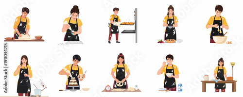 A collection of baking activities illustrations, featuring people preparing bread, cakes, and pastries in the kitchen.