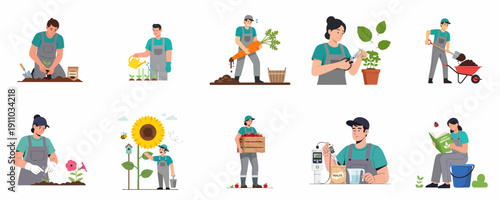 Set of illustrations depicting diverse agricultural work: planting, watering, harvesting vegetables and fruits, and soil care, representing farming processes and horticulture.