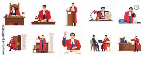 Flat vector illustration set depicting judges and lawyers in red robes carrying out various legal duties, including delivering judgment, taking an oath, and court consulting.