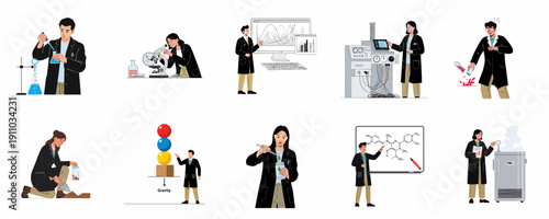 Diverse collection of scientific research illustrations including chemistry, biology, physics, and lab analysis, depicting professionals conducting experiments and studies.