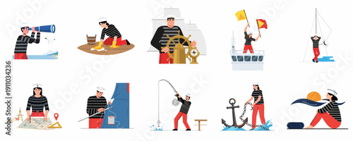 Daily maritime life vector set: sailors working, navigating, steering, fishing, and relaxing on a ship or near the sea.