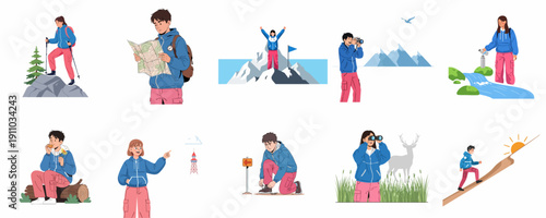 Collection of illustrations depicting young adventurers hiking, exploring nature, climbing mountains, and engaging in various outdoor activities like map reading and photography.
