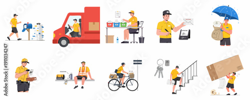 Daily life and duties of a professional mail carrier set, showing activities like sorting, driving, delivering letters, handling packages, and overcoming challenges like rain or heavy boxes.