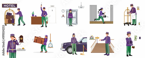 Hotel Bellhop and Porter Services Set: Flat Illustrations of Staff Assisting Guests with Luggage, Valet, Check-in, and Customer Support Duties.