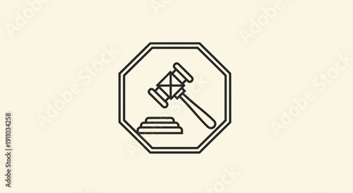 Minimalist Linear Depiction Of Legal Justice With Hammer Symbol Inside Octagonal Frame