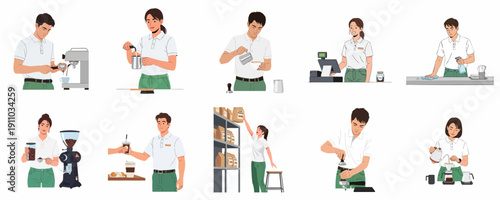 A collection of illustrations showing male and female baristas performing essential tasks in a coffee shop, including brewing espresso, serving customers, cleaning, and managing stock.