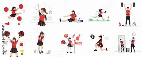 Cheerleading and Sports Training Lifestyle Vector Set: Female athletes practicing energetic routines, exercising, weightlifting, and celebrating athletic success.