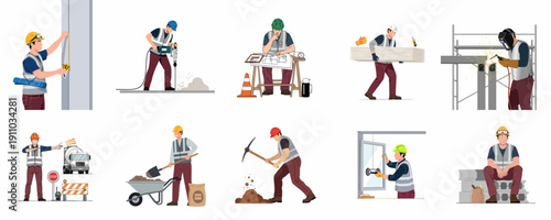 Construction workers and engineers performing various essential tasks like measuring, drilling, welding, installing, and supervising on the job site.