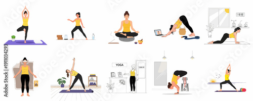 Collection of diverse yoga poses and wellness activities including meditation, home practice, studio check-in, and online classes, promoting physical and mental health.