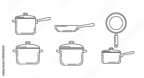 Cooking Pots and Pans Line Art Vector Set
