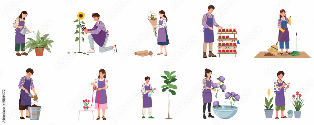 Fototapeta premium Floristry and Gardening Tasks: A complete set of illustrations depicting professionals caring for flowers, potting plants, arranging bouquets, and maintaining the flower shop environment.