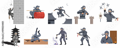 A detailed cartoon set showcasing a ninja mastering various techniques: climbing walls, throwing shurikens, utilizing stealth, and engaging in classic martial arts combat.
