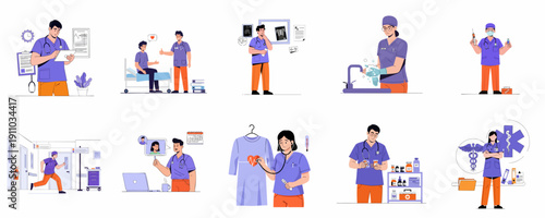 Healthcare professionals vector set illustrating doctors and nurses performing medical duties, consultation, hygiene, emergencies, and telehealth services.