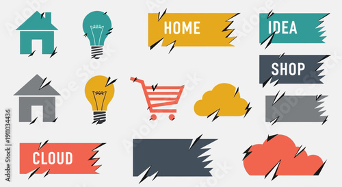 Creative Torn Paper Banners with Icons Set