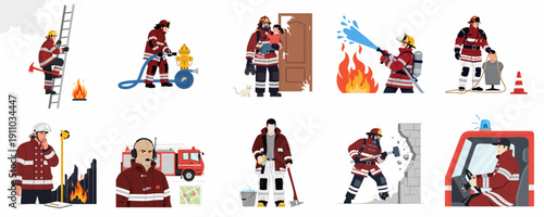 Set of vector illustrations depicting firefighters performing their professional duties: rescue, emergency response, training, and maintenance activities.