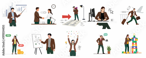 A collection of business people illustrations depicting various workplace scenarios like presentations, deals, stress, strategy, success, failure, and corporate decision making.