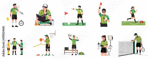 Set of vector illustrations depicting sports referees and officials performing various duties, including signaling fouls, managing games, and administering rules.