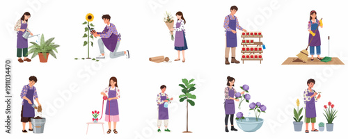 Floristry and Gardening Tasks: A complete set of illustrations depicting professionals caring for flowers, potting plants, arranging bouquets, and maintaining the flower shop environment.