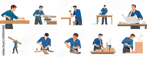 A Comprehensive Vector Collection of a Woodworker Performing Various Carpentry Tasks like Measuring, Cutting, Gluing, and Drilling Wood.