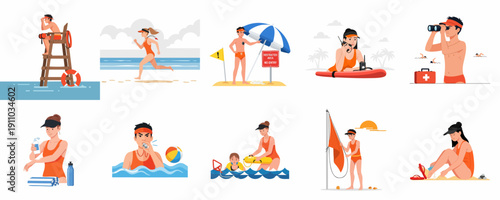 Lifeguard Safety and Water Rescue Activities Vector Illustration Set, depicting professionals monitoring the beach, responding to emergencies, and maintaining safety protocols.